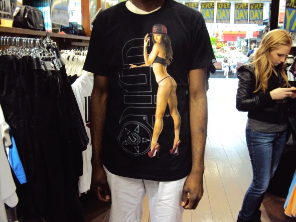 Man wearing a provocative t-shirt.
