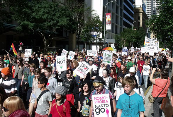 Hundreds march in Elizabeth Street in Brisbane showing their support for Same-Sex Marriage.