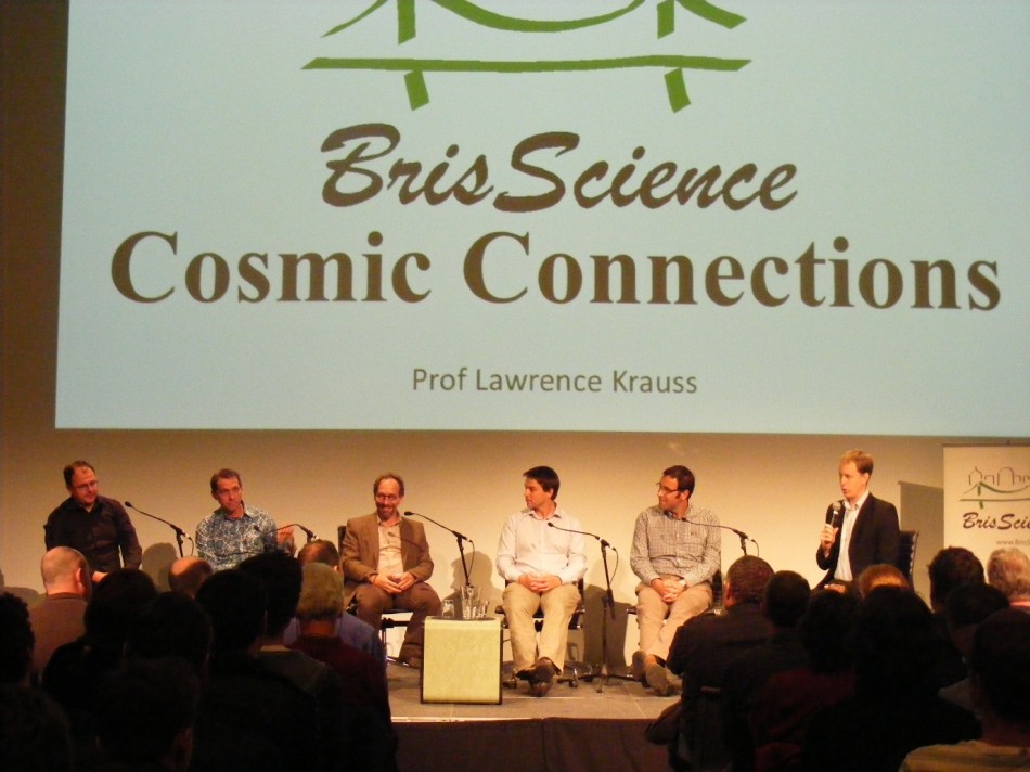 Q&A panel at BrisScience with (left to right) Prof. Andrew White, A/Prof. Michael Bromley, Prof. Lawrence Krauss, Dr Tim Stace, A/Prof. Ben Powell and Dr Andrew Stephenson.