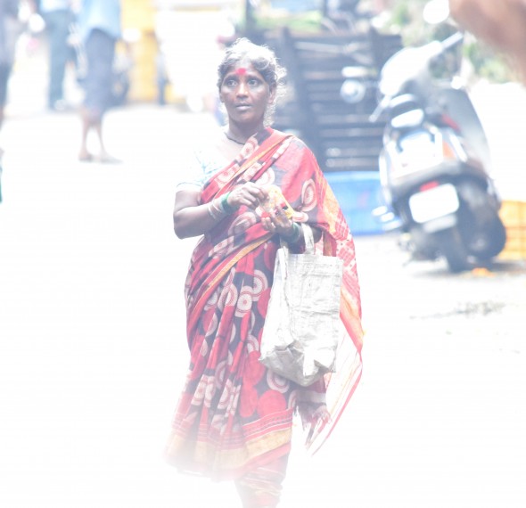 A woman strolling to the flower markets, Mumbai
