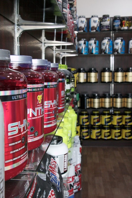 The shelves of sports supplements at The Protein House in Jaipur.