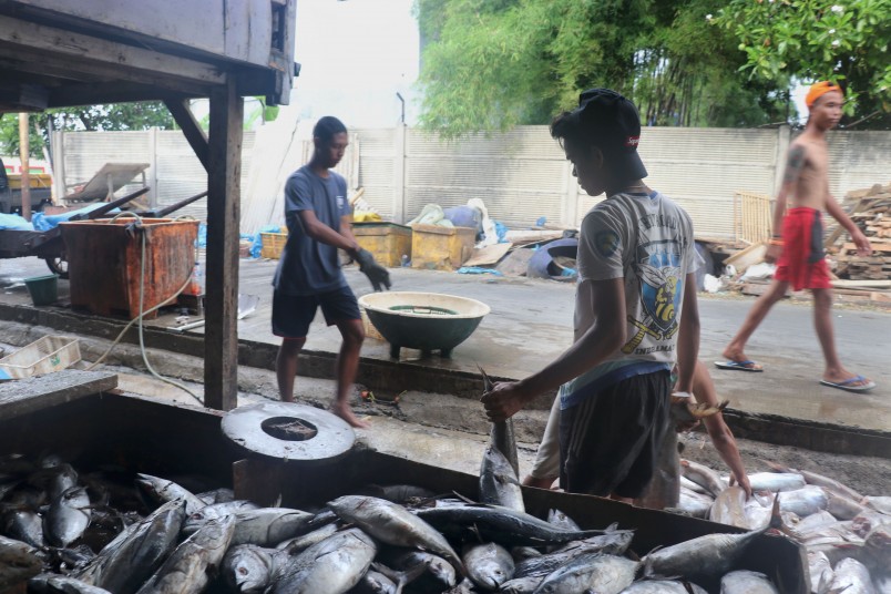 These young men gut and salt these fish before they are taken to be dried on large racks