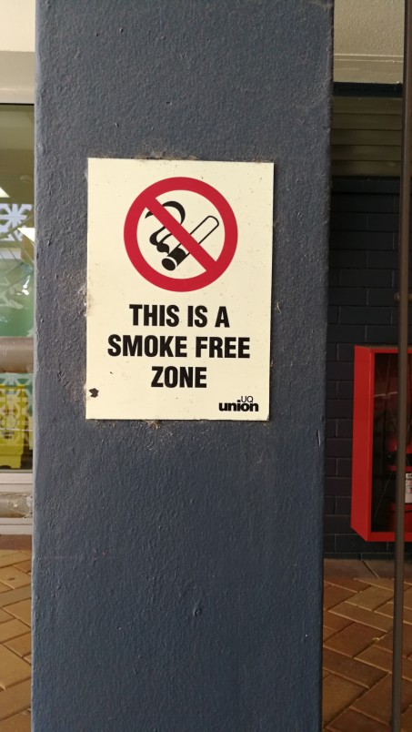 An example of one of the signs around the UQ Union complex at St Lucia, indicating that union spaces are smoke free.